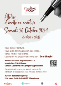 Atelier d'écriture créative le samedi 26 octobre 2024 de 9h30 à 12h30 au café participatif de La Melting Coop