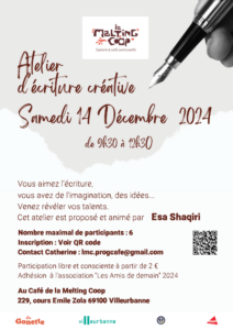 Atelier d'écriture créative Samedi 14 Décembre 2024 de 9h30 à 12h30 au Café de La Melting Coop à Villeurbanne