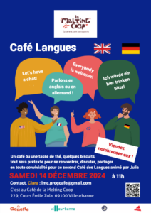 Café langues, viens parler en anglais ou en allemand le samedi 14 Décembre 2024 à 11h au Café Participatif de La Melting Coop à Villeurbanne