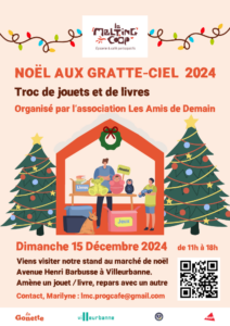 Noël aux gratte-ciel 2024. Troc de jouets et de livres organisé par l'association les Amis de Demain. Dimanche 15 décembre 2024 de 11h à 18h, avenue Henri Barbusse à Villeurbanne. Amène un jouet ou livre et repars avec un autre.